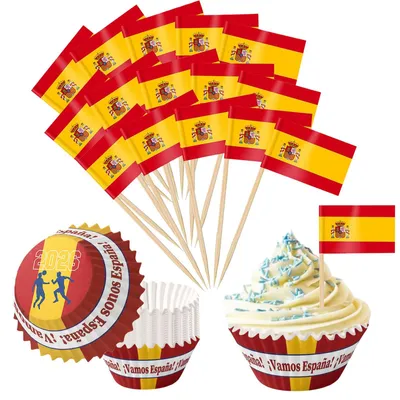 200-teiliges Spanien Cupcake-Set mit Flaggen und Förmchen