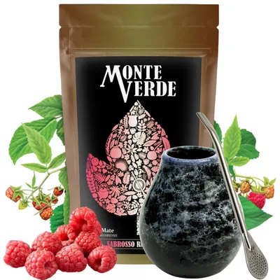Produktbild von Brasilianisch Yerba Mate-Tee Set - Monte Verde Sabrosso Raspberry Mate-Tee 500g - Keramik becher Marmol 350ml - Bombilla 19cm
