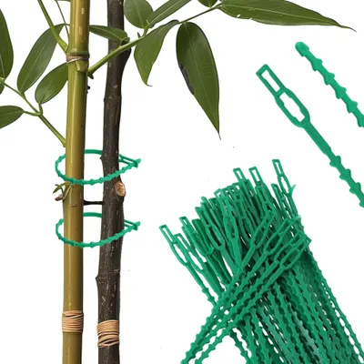 Green plant ties are shown securing two plant stems together, with a pile of the ties in the foreground.
