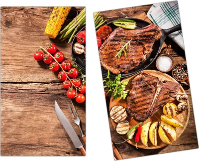Produktbild von Spritzschutz Herdabdeckplatte Schneidebrett aus Glas Fleisch und Gemüse 2-Teilig (60x52cm)