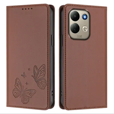 Image de Étui en cuir pour Xiaomi Redmi 17 4G/5G, avec motif papillon, type portefeuille rabattable avec support. Couleur : marron