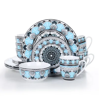 Image de Service de table VEWEET, service de vaisselle en porcelaine 16 pièces, collection AUDRIE, comprenant 4 tasses à café, 4 assiettes à dessert, 4 assiettes plates et 4 bols pour 4 personnes