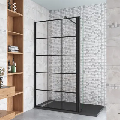 Produktbild von Schwarz Walkin Duschkabine 100x200cm Gittermuster Duschwand mit 40x200cm Flipper Panel +70-120cm Stabilisator