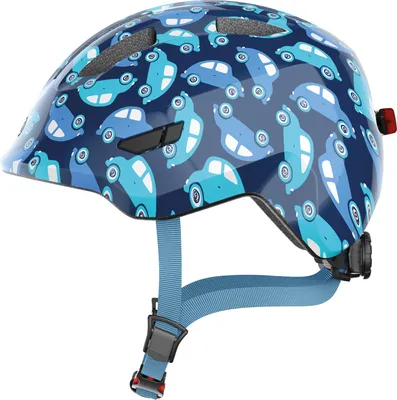 Produktbild von ABUS Kinderhelm Smiley 3.0 LED - Fahrradhelm mit Licht - tiefe Passform & Platz für einen Zopf - für Mädchen und Jungs - Blau mit Auto-Muster, Größe S (45-50 cm)