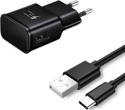 A black Samsung fast charging adapter and a black USB-C cable are shown against a white background.