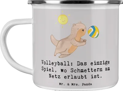 Produktbild von Mr. & Mrs. Panda Emaille Tasse Volleyball Schmettern - Grau Pastell - Geschenk, Kommunikation, Teamarbeit, becher, Schmetterball, Teamsport, Sportler, Pott, Teamgeist