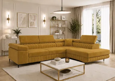 Produktbild von Letano Milano Ecksofa mit Schlaffunktion und Bettkasten, Wohnlandschaft L-Form, Couch Velours fleckgeschützt, MONOLITH 48, Gelb