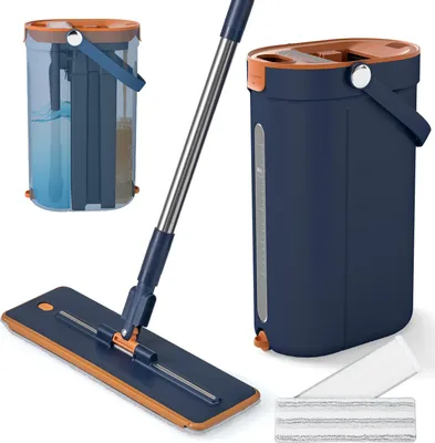 Immagine prodotto di COSTWAY Sistema di mop e secchi 2,4L con funzione di strizzatura, 3 camere, 2 pad in microfibra lavabili, sistema di pulizia per pavimenti piatti mop Blue