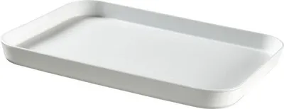 A white rectangular tray with rounded corners is shown from a diagonal angle against a white background.