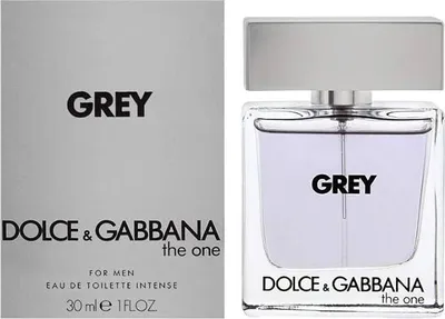A product shot of Dolce & Gabbana The One Grey Eau de Toilette Intense perfume bottle and its packaging.
