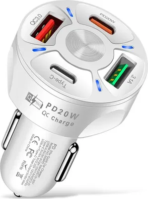 Produktbild von R2B Autoladegerät USB C & USB A – Schnellladegerät – Autoladegerät Zigarettenanzünder USB C – USB-Ladegerät 4 Anschlüsse, Sicher und kompakt – Weiß