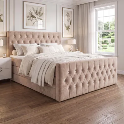 Produktbild von ELVORA DESIGNE Boxspringbett 180x200 cm GRACE mit 2 Bonellmatratzen H3 & Topper, 2 Bettkästen, Taupe