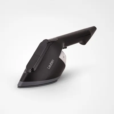 A black handheld steam iron is presented against a plain background.