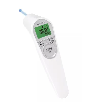 A white digital thermometer with a green screen displaying temperature.