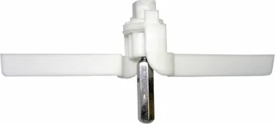 A white plastic and metal food processor attachment with two blades.