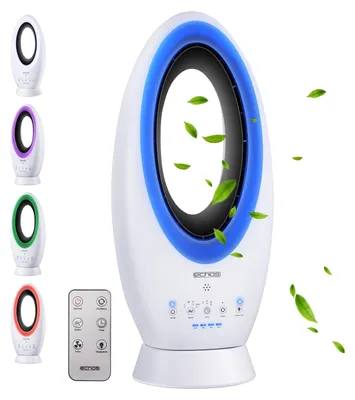 A collage of tower fans with a remote control.