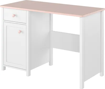 A white desk with a pink top and pink drawer pulls, shown against a white background.