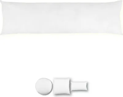 A long white pillow insert is shown at the top of the image, and three smaller white pillows of different shapes are displayed at the bottom.