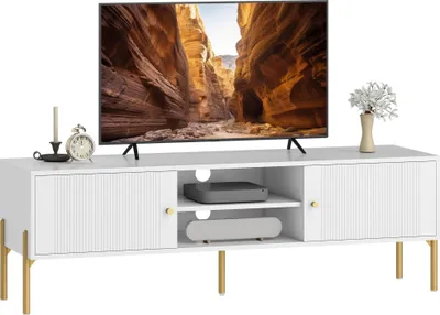 Image de HOMCOM Meuble TV 140 cm, meuble télé pour téléviseur jusqu'à 65 pouces avec 2 portes, 2 compartiments ouverts et pieds en acier, 2 passe-câbles, banc TV moderne pour salon, chambre à coucher, blanc