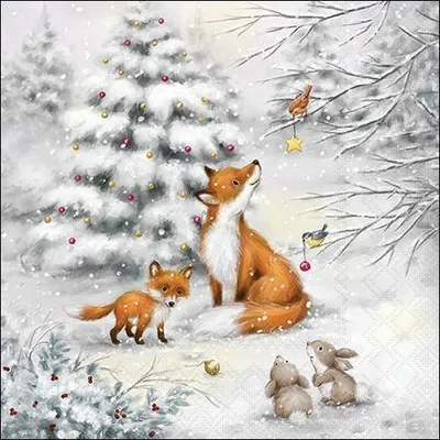 Produktbild von 20 Servietten Fox in Forest - Fuchsfamilie mit Freunde im Winter 33x33cm