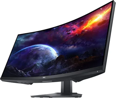 A curved computer monitor displaying a space scene.