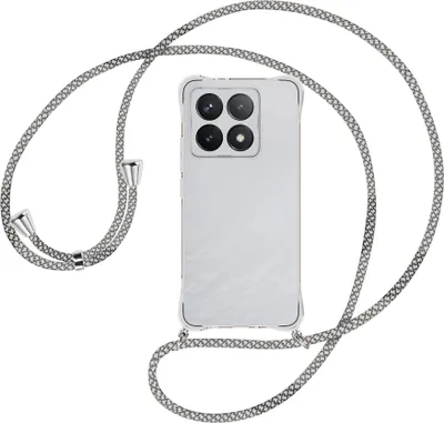 Produktbild von Handykette Backcover-Schutzhülle mit Band (Metall silberfarben) für Xiaomi 14T 5G - weiß/grau kariert