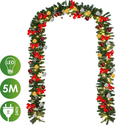 Productafbeelding van Ikodm Kunstkerstkrans, 5 meter, 100 warmwitte LED-lampjes, met kerstdecoratie, geschikt voor deuren, ramen, trappen, schoorsteenmantels en leuningen