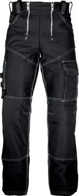A pair of black work pants with white stitching and multiple pockets, shown front-on against a white background.