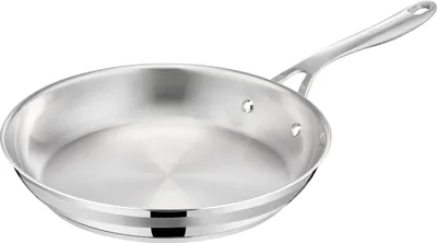A stainless steel frying pan is shown against a white background.