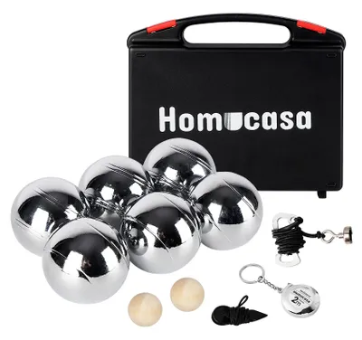 Produktbild von Boule Set, 6 Boccia Kugeln mit 2 Zielholzkugeln, 2 Messwerkzeuge, 1 Boule-Kugelmagnet und Tragetasche, 2 Oberflächenstrukturen, Outdoor Boccia Spiel