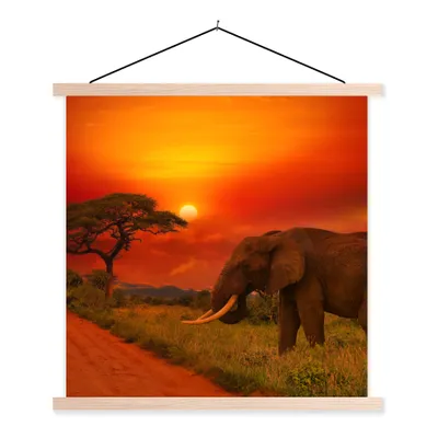 Produktbild von MuchoWow® Textilposter Elefant - Sonnenuntergang - Orange - Savanne - Tiere 120x120 cm mit holzfarbenen Rahmen - Textil-Poster