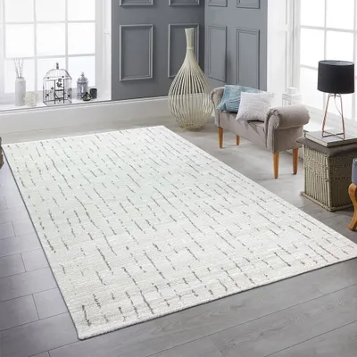 Produktbild von Wohnzimmerteppich Schlafzimmer Teppich Strich Muster weich creme mit grauen Streifen Größe - 160 x 230 cm