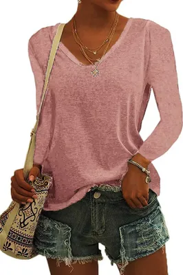 Image de ASKSA Femme Col en V T-shirt Unicolore Manches Longues Hauts Casual Lâches T-shirts Tee Tops, Rose, XL