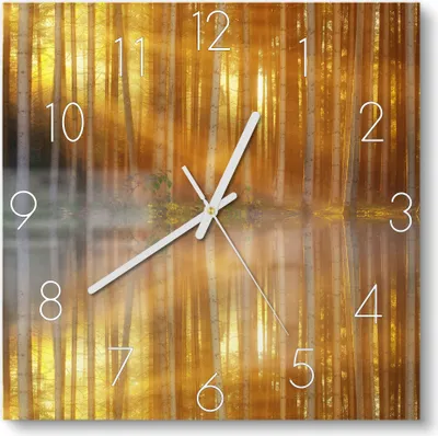 Produktbild von DEQORI Glasuhr 30x30 cm Zahlen 'Waldspiegelung am See' Wanduhr Glas Uhr Design leise