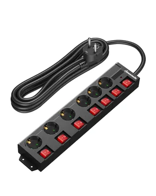 A black power strip with six outlets and individual red switches, connected to a black power cord and plug, is shown against a white background.