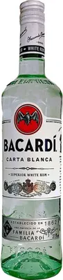 A clear, front-facing studio shot of a bottle of Bacardi Carta Blanca Superior White Rum.