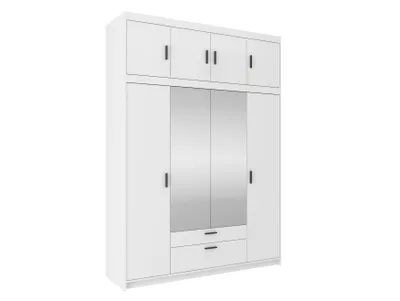 Produktbild von Garderobenschrank ELSA IV mit 4 Drehtüren, 2 integrierten Spiegeln, 2 Schubladen und Aufsatz – Kleiderschrank Weiß für Schlafzimmer, Flur und Diele