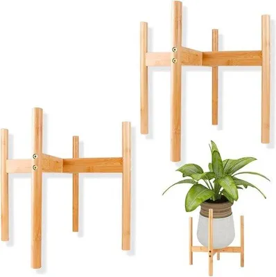 Image de Supports à plantes en bois pour l'intérieur - Support à fleurs de style Mid-Century moderne - Étagère à plantes en bambou et bois - Pots de fleurs jusqu'à 33 cm - Lot de 2