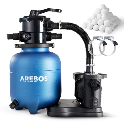 Produktbild von AREBOS Sandfilteranlage mit Pumpe inkl. 600g Filterbälle, Blau, 350W, 10.000 L/h, Tankvolumen bis zu 20 kg Sand, 7 - Wege Ventil mit Griff