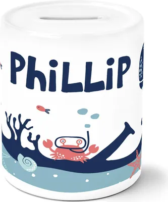 Produktbild von Kinder Spardose mit Namen Unterwasserwelt Tiere Wal Fisch Krebs Sparschwein Keramik SpecialMe® weiß unisize