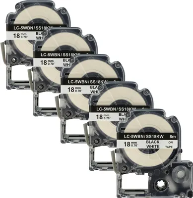 Produktbild von vhbw 5x Schriftband-Kassette kompatibel mit Epson LabelWorks LW-700, LW-1000P, LW-600P, LW-500, LW-400 Etiketten-Drucker 8m x 18mm Schwarz auf Weiß