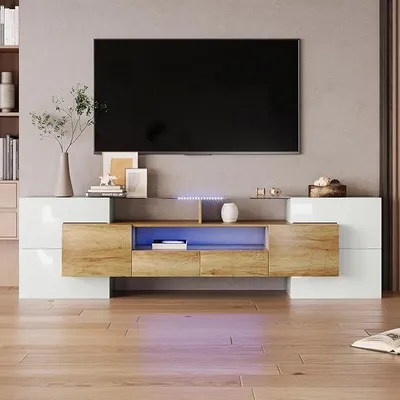 Produktbild von Stilvoller TV-Schrank, Lowboard hochglänzendes Weiß, 200 cm, LED-Beleuchtung, Wohnzimmermöbel. Modernes Design, Elegante Glasoberfläche