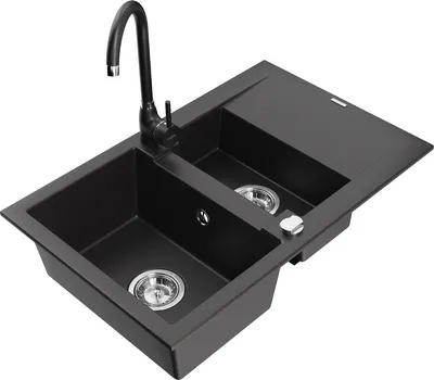 Produktbild von Mexen Gaspar 1,5-Becken-Granitspüle mit Abtropffläche und Mischbatterie Telma, Schwarz - 6507-77-670200-70