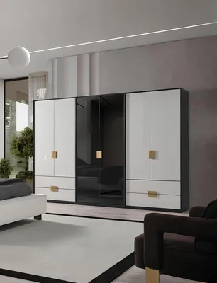Produktbild von Schwarz-Weißer Schlafzimmer Kleiderschrank Moderner 6-Türiger Schrank