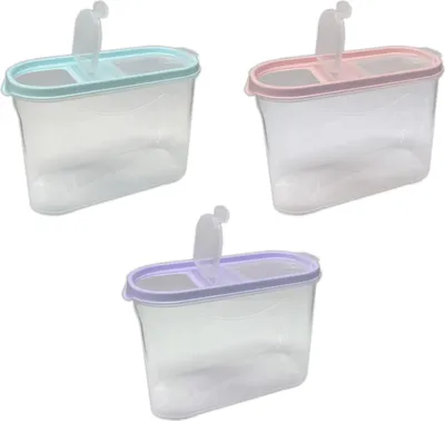 Produktbild von HAC24 Vorratsbehälter Frischhaltedosen 3er Set, 1,4 Liter, Kunststoff, transparent mit hellblauen, rosa und fliederfarbenen Deckeln, 19x9x13 cm, spülmaschinengeeignet & lebensmittelecht