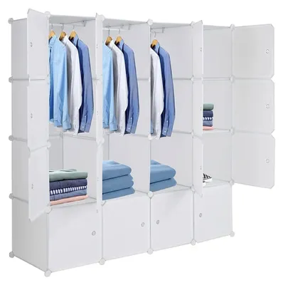 Produktbild von Kleiderschrank aus Kunststoff, 16 Würfel, modulare Aufbewahrungslösung für Kinder, Garderobenschrank, zur Aufbewahrung von Kleidung und Schuhen, 140 x 45 x 140 cm, Weiß