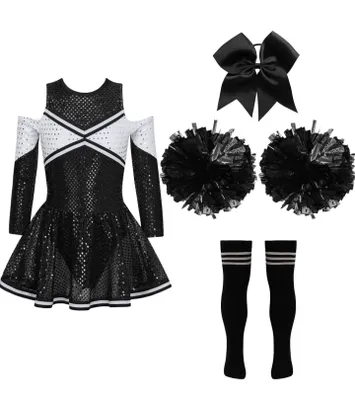 Produktbild von Mädchen Cheerleader Kostüm – Größe 116 cm | Glitzerndes Cheerleading-Outfit mit Pailletten-Kleid, Pompons, Haarband & Strümpfen | Perfekt für Karneval