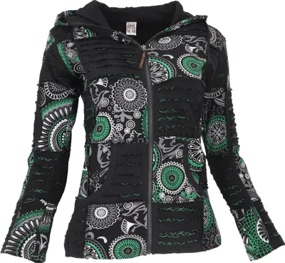 Zdjęcie produktu dla Goa Patchwork Jacket, Boho Hooded Jacket, Ethno Jacket - Black/Green, Damska, Bawełna, Rozmiar: M