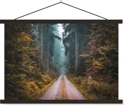 Produktbild von MuchoWow® Textilposter Wald - Baum - Straße 120x80 cm mit schwarzem Rahmen - Wanddeko