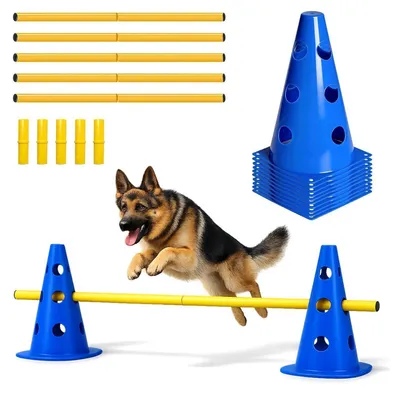 Immagine prodotto di Set per agility per cani, composto da 10 coni, 5 aste, 23 cm di altezza, e ostacoli per l'allenamento della coordinazione, colore blu